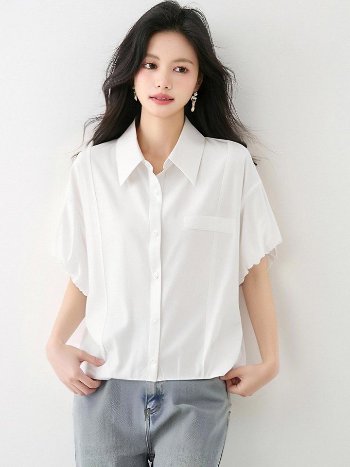 봄 여름 여성 카라넥 크롭셔츠 반팔 루즈핏 퍼프소매 데일리룩 오피스룩 면블라우스 - 상세 이미지 3