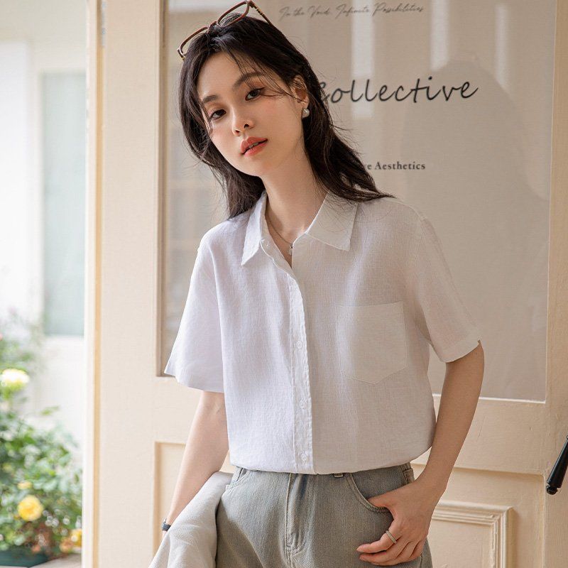 봄 여름 여성 카라넥 반팔셔츠 루즈핏 린넨라이크 데일리룩 캐주얼 남방 포켓 면티 - 상세 이미지 4