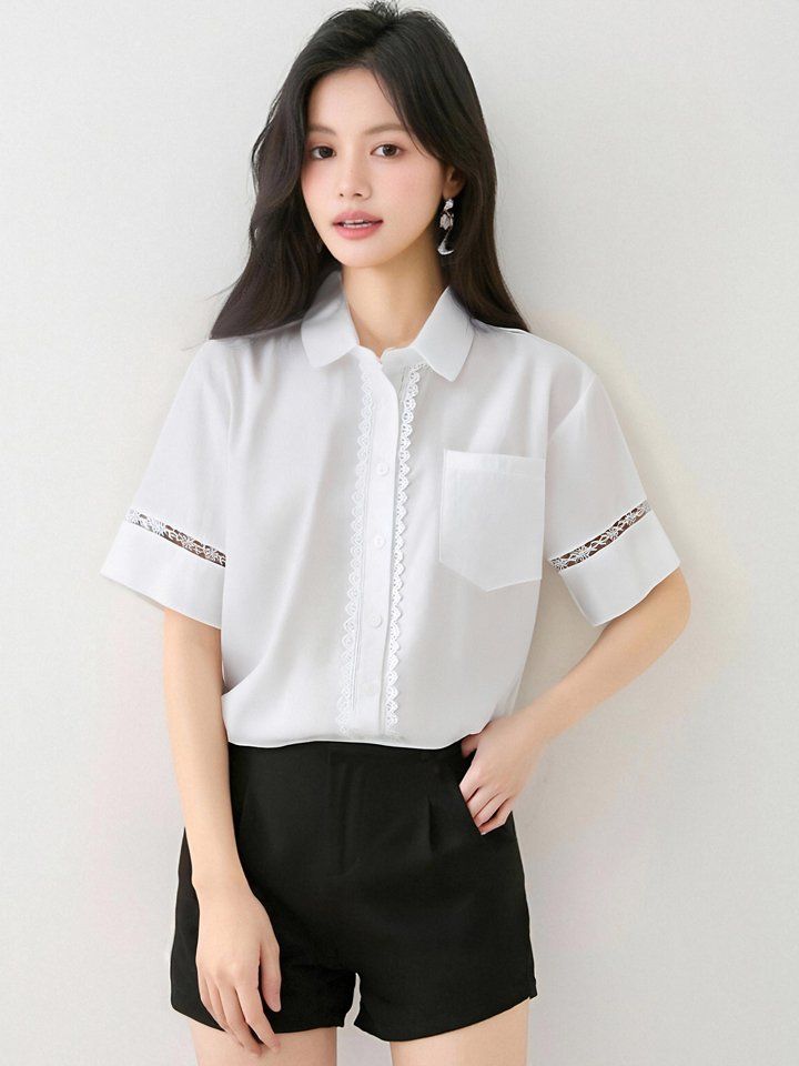 봄 여름 여성 카라넥 반팔셔츠 레이스배색 루즈핏 블라우스 데일리룩 오피스룩 면티 - 상세 이미지 3