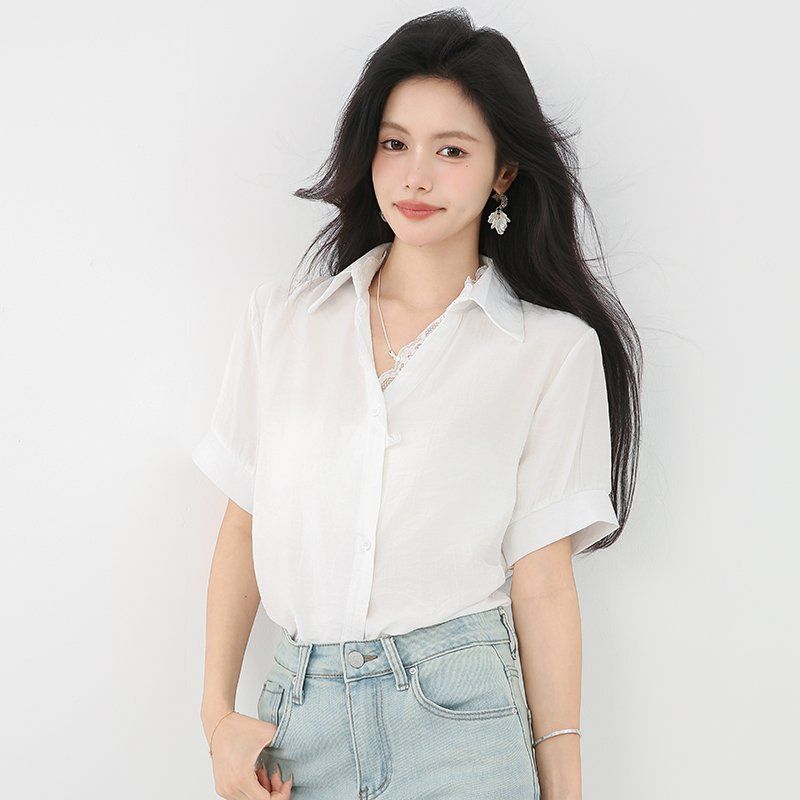 봄 여름 여성 브이넥 반팔블라우스 백스트랩 슬림핏 레이스카라 데일리룩 면티셔츠 - 상세 이미지 4