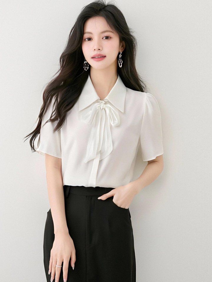 봄 여름 여성 카라넥 반팔블라우스 타이넥 루즈핏 오피스룩 데일리룩 쉬폰 면셔츠 - 상세 이미지 4