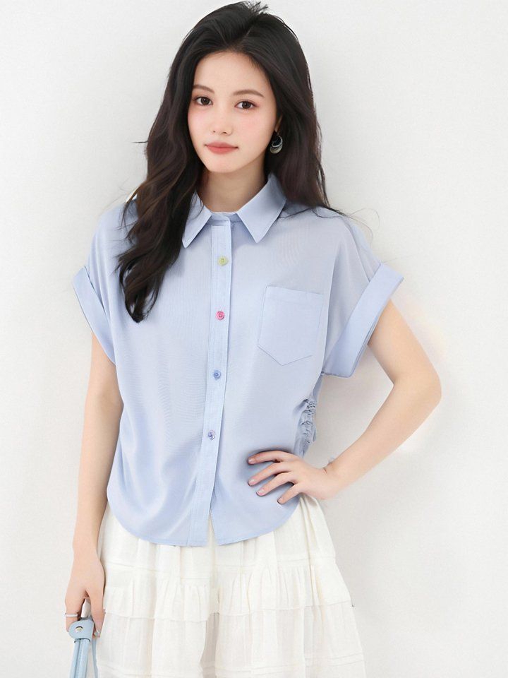 봄 여름 여성 카라넥 반팔셔츠 사이드셔링 루즈핏 데일리룩 오피스룩 면티 포켓셔츠 - 상세 이미지 4