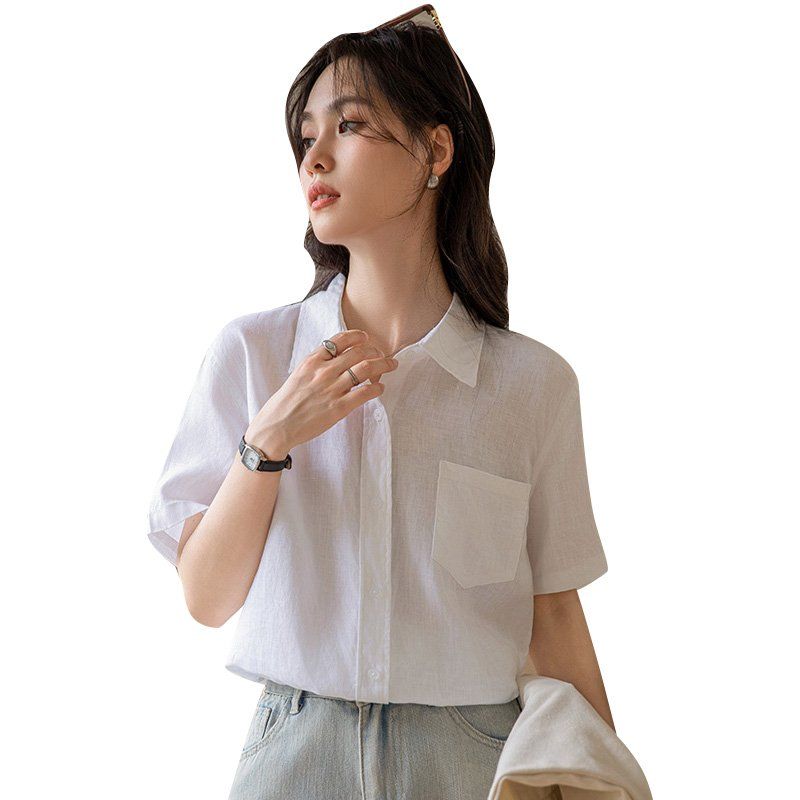 봄 여름 여성 카라넥 반팔셔츠 루즈핏 린넨라이크 데일리룩 캐주얼 남방 포켓 면티 - 상세 이미지 5