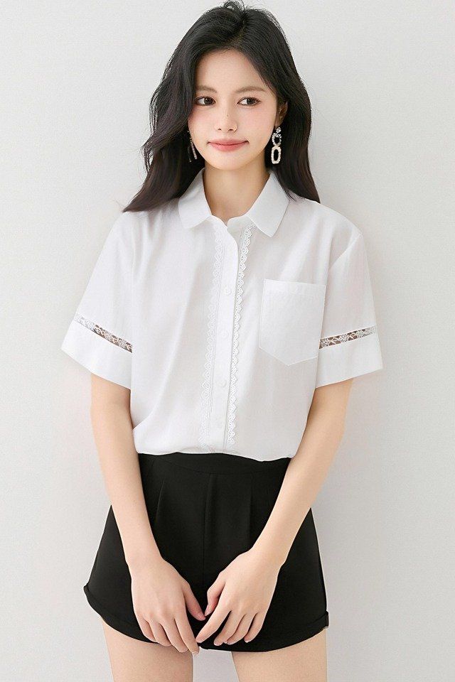 봄 여름 여성 카라넥 반팔셔츠 레이스배색 루즈핏 블라우스 데일리룩 오피스룩 면티 - 상세 이미지 5