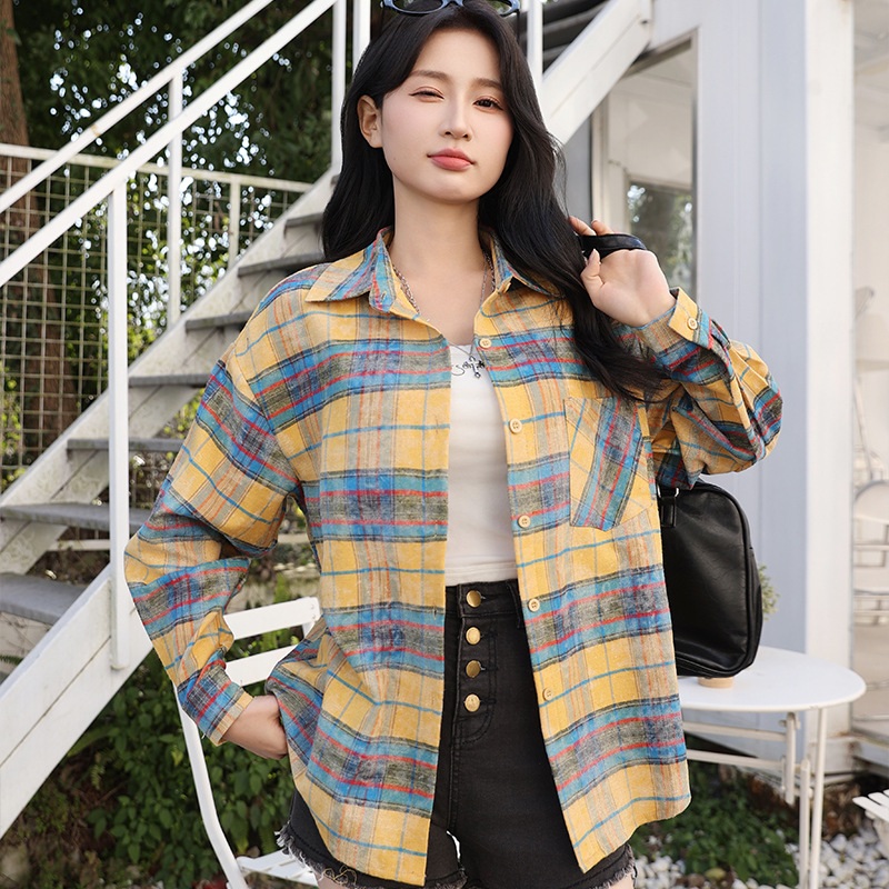 1+1 봄 가을 여성 체크 셔츠 루즈핏 긴팔 외투 01. M (45-57.5kg) - 상세 이미지 4