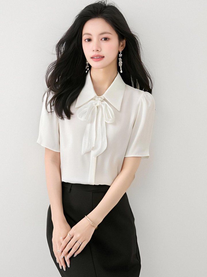 봄 여름 여성 카라넥 반팔블라우스 타이넥 루즈핏 오피스룩 데일리룩 쉬폰 면셔츠 - 상세 이미지 2