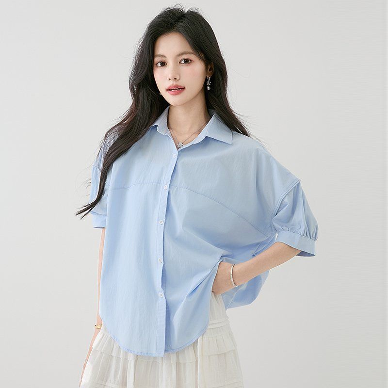 여성셔츠 카라넥 반팔 드롭숄더 봄 여름 루즈핏 데일리룩 캐주얼 빅사이즈 남방 면티 - 상세 이미지 4