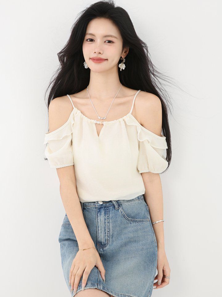 봄 여름 여성 오프숄더블라우스 반팔 루즈핏 끈나시 레이어드룩 데일리룩 시스루면티 - 상세 이미지 5