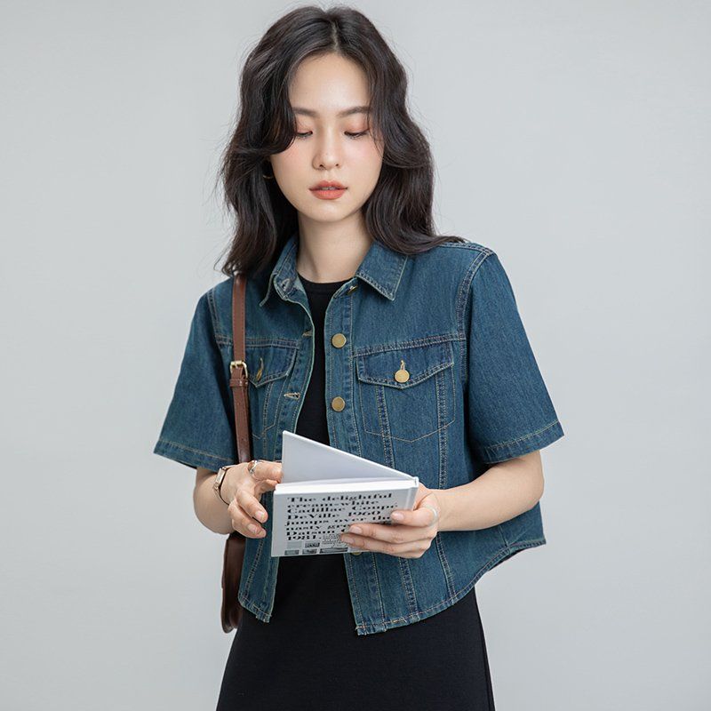 봄 여름 여성 브이넥 크롭자켓 반팔 슬림핏 데님 데일리룩 캐주얼 청자켓 투포켓 면 - 상세 이미지 5