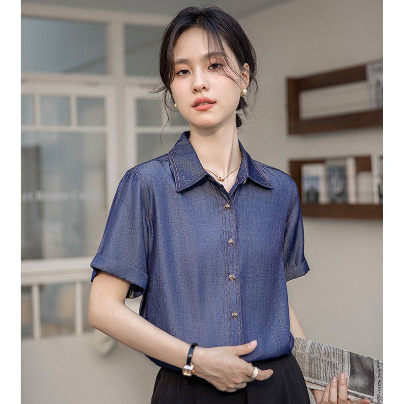 봄 여름 여성 브이넥 반팔셔츠 슬림핏 데님 데일리룩 캐주얼 남방 시원한 면블라우스 - 상세 이미지 3