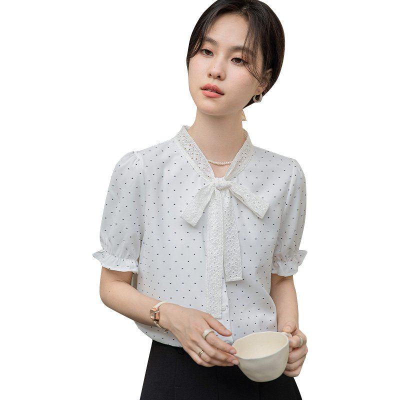 봄 여름 여성 라운드넥 도트블라우스 반팔 레이스리본 슬림핏 데일리룩 프릴소매 면티 - 상세 이미지 5