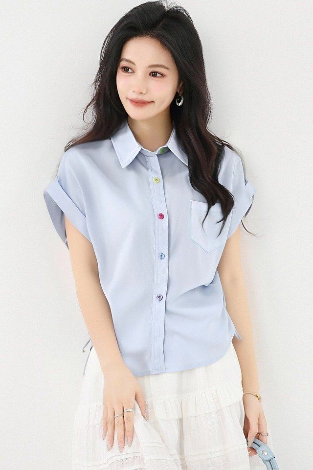 봄 여름 여성 카라넥 반팔셔츠 사이드셔링 루즈핏 데일리룩 오피스룩 면티 포켓셔츠 - 상세 이미지 5
