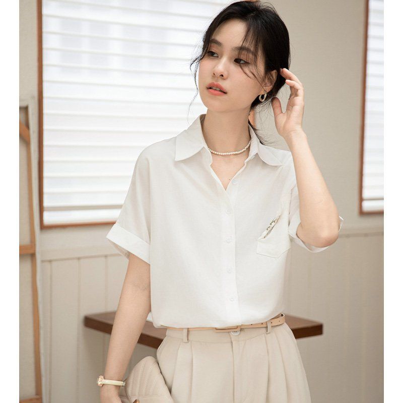 여성셔츠 브이넥 반팔 루즈핏 포켓자수 봄 여름 데일리룩 캐주얼 남방 면블라우스 - 상세 이미지 3