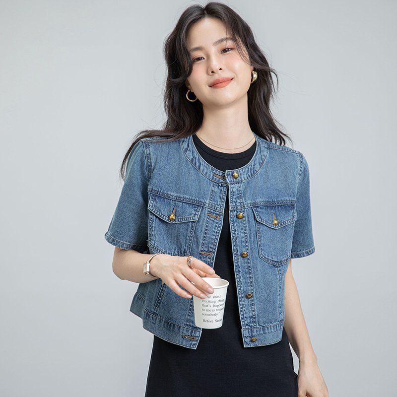 봄 여름 여성 라운드넥 크롭자켓 반팔 슬림핏 데님 데일리룩 캐주얼 청자켓 투포켓 - 상세 이미지 2