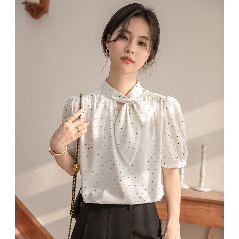 봄 여름 여성 리본타이블라우스 반팔 퍼프소매 도트 루즈핏 오피스룩 데일리 면셔츠 - 상세 이미지 2