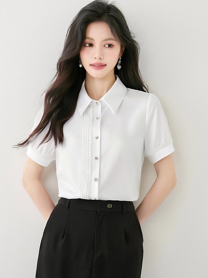 봄 여름 여성 카라넥 반팔셔츠 핀턱주름 루즈핏 블라우스 데일리룩 오피스룩 면티 - 상세 이미지 3