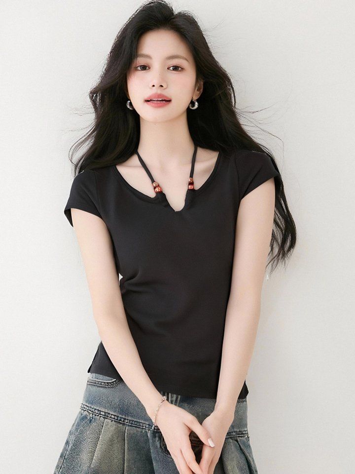 봄 여름 여성 브이넥 반팔티셔츠 백스트랩 슬림핏 홀터넥 데일리룩 캐주얼 면티셔츠 - 상세 이미지 2