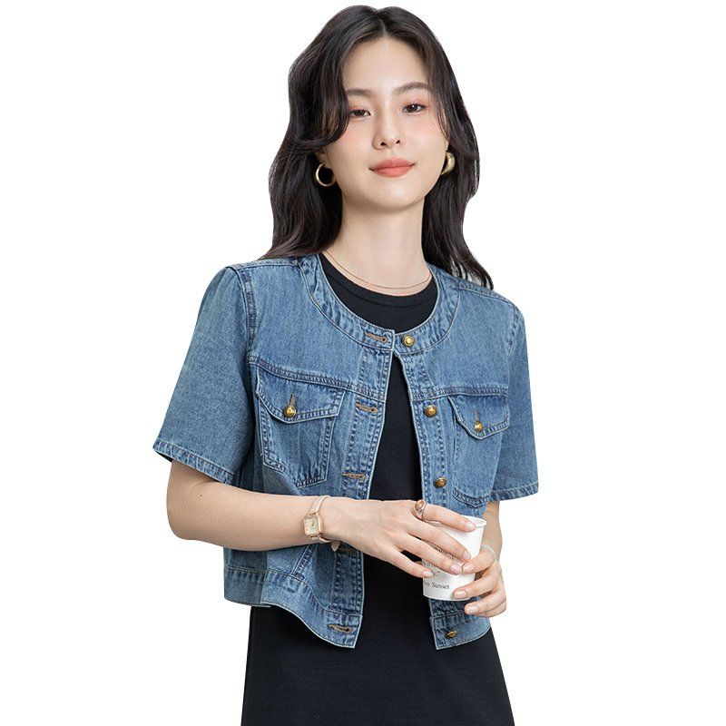 봄 여름 여성 라운드넥 크롭자켓 반팔 슬림핏 데님 데일리룩 캐주얼 청자켓 투포켓 - 상세 이미지 5