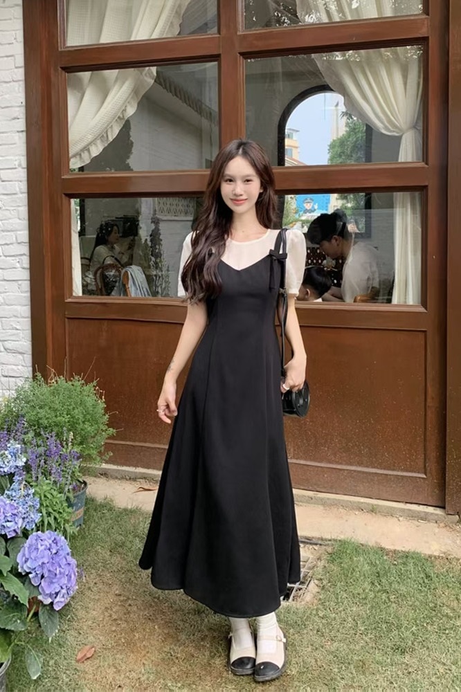여성 빅사이즈 반팔 레이어드 뷔스티에 리본 플레어 롱원피스 블랙 L 이미지 6