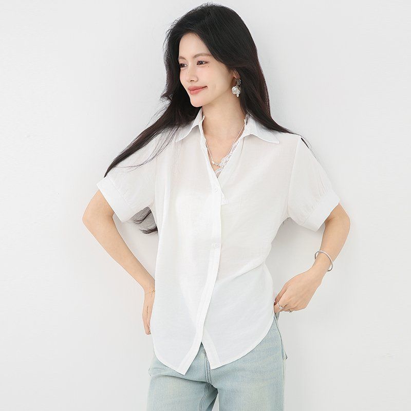 봄 여름 여성 브이넥 반팔블라우스 백스트랩 슬림핏 레이스카라 데일리룩 면티셔츠 - 상세 이미지 2