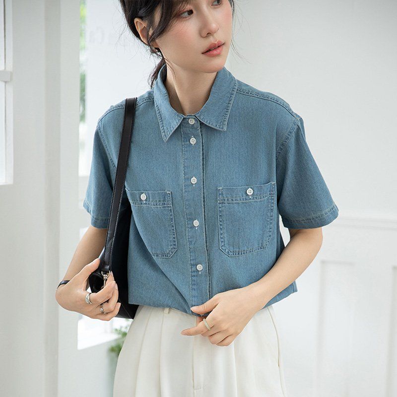 봄 여름 여성 브이넥 반팔셔츠 슬림핏 데님 데일리룩 캐주얼 남방 투포켓 면블라우스 - 상세 이미지 4