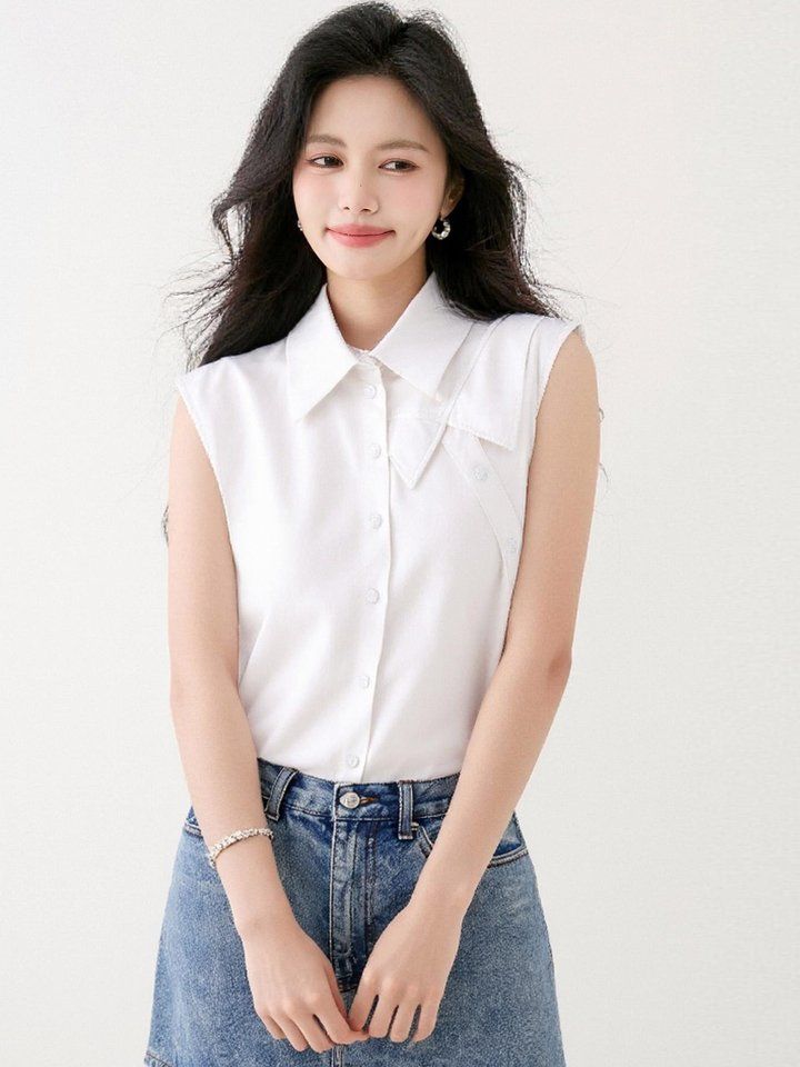 봄 여름 여성 더블카라 민소매셔츠 루즈핏 블라우스 데일리룩 오피스룩 나시 면티 - 상세 이미지 2