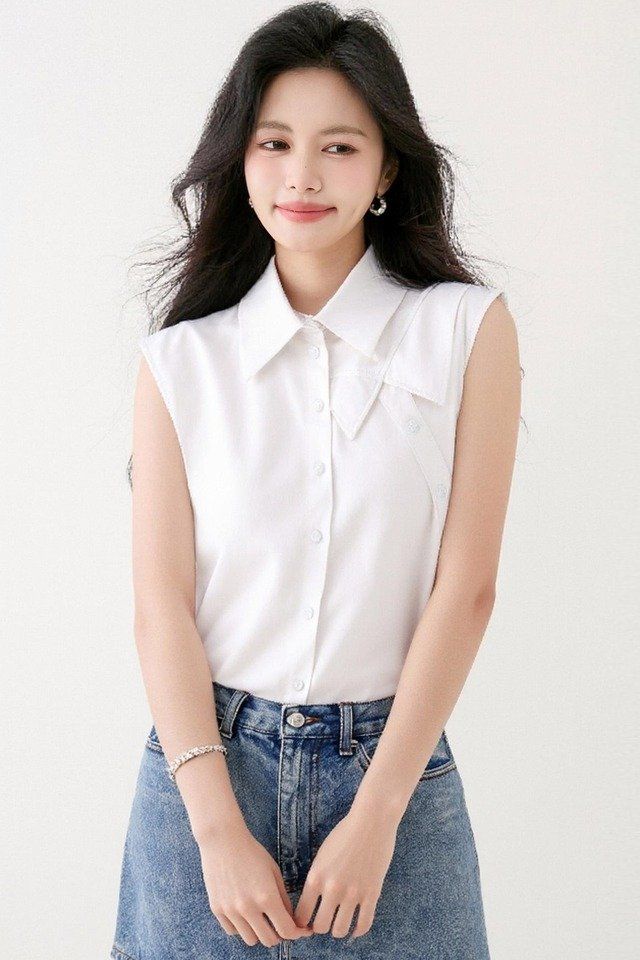 봄 여름 여성 더블카라 민소매셔츠 루즈핏 블라우스 데일리룩 오피스룩 나시 면티 - 상세 이미지 5