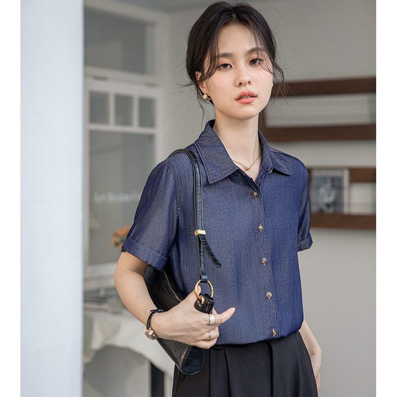 봄 여름 여성 브이넥 반팔셔츠 슬림핏 데님 데일리룩 캐주얼 남방 시원한 면블라우스 - 상세 이미지 2