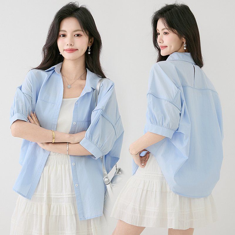 여성셔츠 카라넥 반팔 드롭숄더 봄 여름 루즈핏 데일리룩 캐주얼 빅사이즈 남방 면티 - 상품 이미지