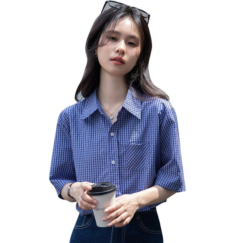 여성체크셔츠 브이넥 반팔 슬림핏 봄 여름 데일리룩 캐주얼 남방 포켓 면블라우스 - 상세 이미지 5