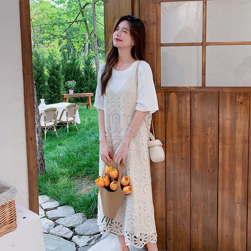 펀칭 자수 뷔스티에 반팔 티셔츠 레이어드 롱원피스 세트 블랙 S - 상세 이미지 3