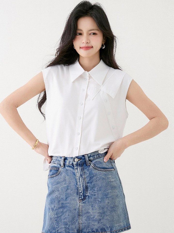 봄 여름 여성 더블카라 민소매셔츠 루즈핏 블라우스 데일리룩 오피스룩 나시 면티 - 상세 이미지 4