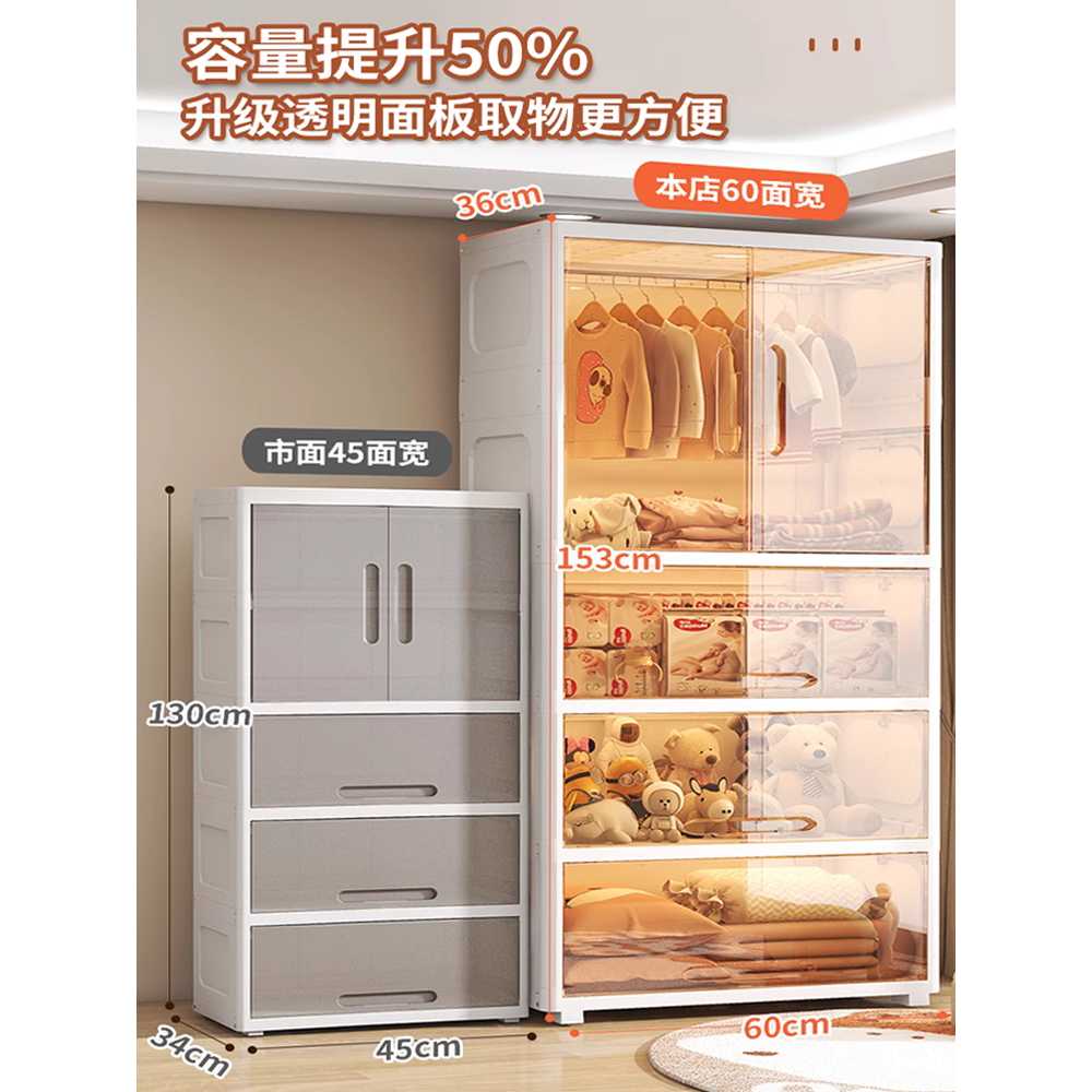 투명 옷 수납함 플라스틱 박스 서랍형 슬라이딩 옷장 60cm - 상세 이미지 4