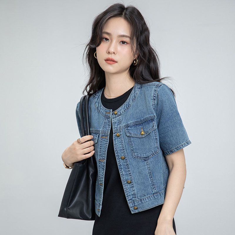 봄 여름 여성 라운드넥 크롭자켓 반팔 슬림핏 데님 데일리룩 캐주얼 청자켓 투포켓 - 상세 이미지 3