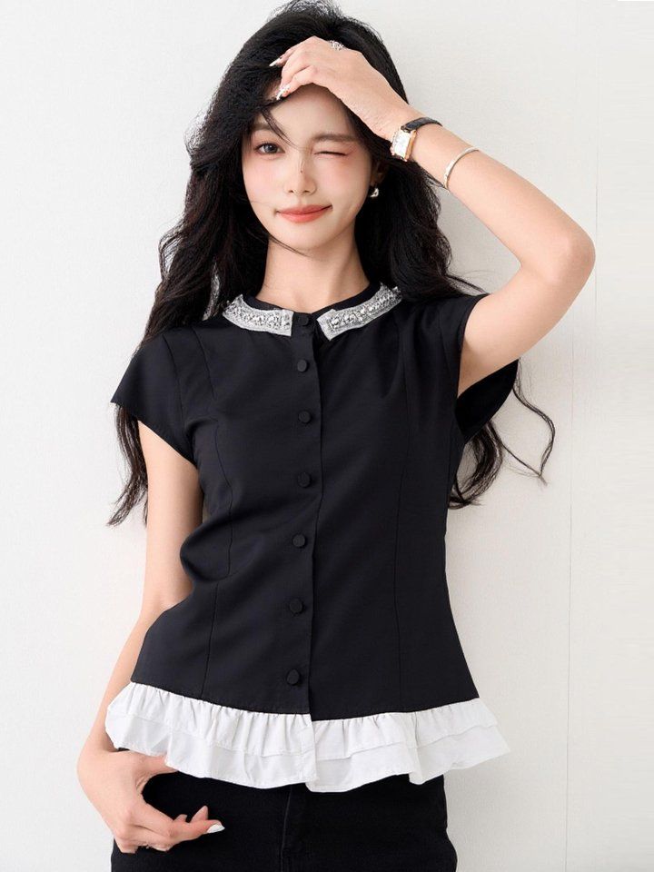 봄 여름 여성 라운드넥 민소매블라우스 넥비즈 페플럼 슬림핏 데일리룩 크롭 면티 - 상세 이미지 2