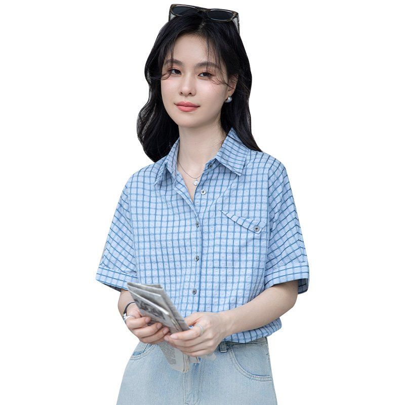봄 여름 여성 체크셔츠 브이넥 반팔블라우스 슬림핏 데일리룩 캐주얼 남방 - 상세 이미지 5