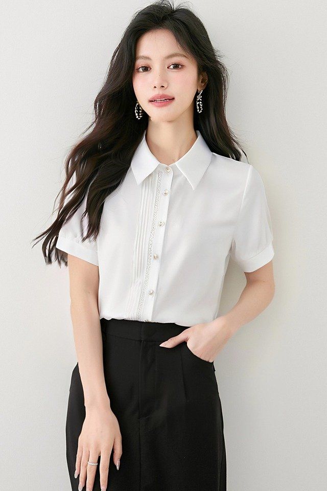봄 여름 여성 카라넥 반팔셔츠 핀턱주름 루즈핏 블라우스 데일리룩 오피스룩 면티 - 상세 이미지 5