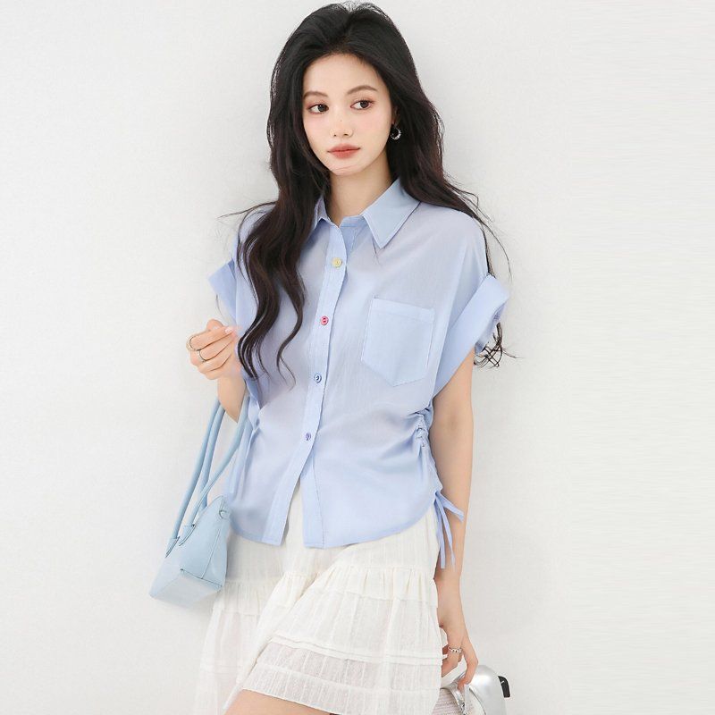 봄 여름 여성 카라넥 반팔셔츠 사이드셔링 루즈핏 데일리룩 오피스룩 면티 포켓셔츠 - 메인 이미지