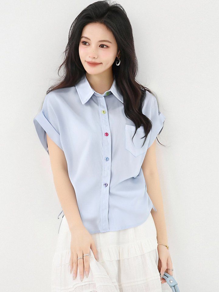 봄 여름 여성 카라넥 반팔셔츠 사이드셔링 루즈핏 데일리룩 오피스룩 면티 포켓셔츠 - 상세 이미지 2