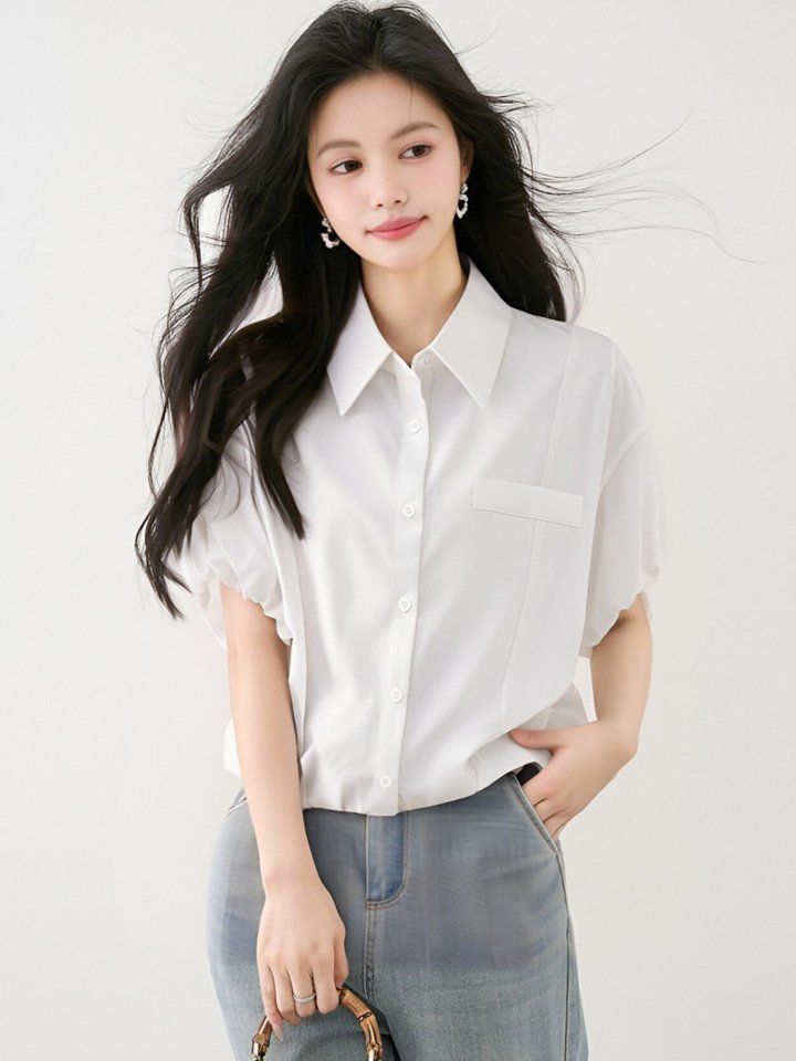 봄 여름 여성 카라넥 크롭셔츠 반팔 루즈핏 퍼프소매 데일리룩 오피스룩 면블라우스 - 상세 이미지 4