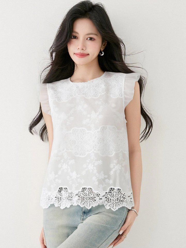 봄 여름 여성 라운드넥 민소매블라우스 레이스 프릴 루즈핏 펀칭 데일리룩 나시 면티 - 상세 이미지 2