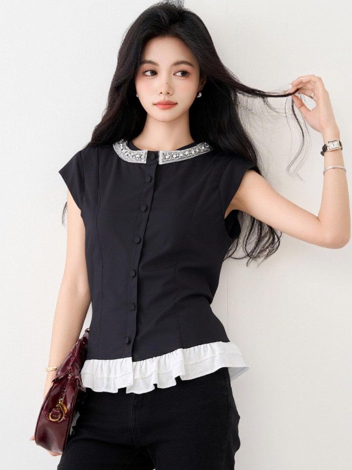 봄 여름 여성 라운드넥 민소매블라우스 넥비즈 페플럼 슬림핏 데일리룩 크롭 면티 - 상세 이미지 3