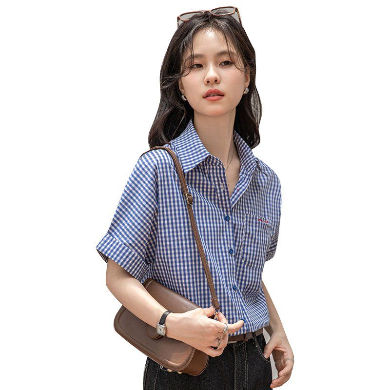여성 봄 여름 체크 반팔 카라 셔츠 약간루즈핏 데일리룩 출근룩 캐주얼 블라우스 - 상세 이미지 5