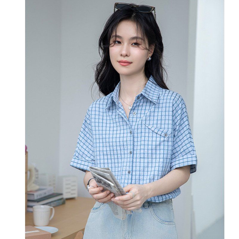 봄 여름 여성 체크셔츠 브이넥 반팔블라우스 슬림핏 데일리룩 캐주얼 남방 - 상세 이미지 2