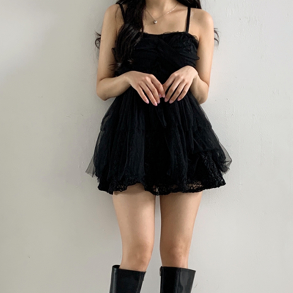 블랙 미니 원피스 발레코어룩 미니 셀프 웨딩 브샤 드레스 - 상품 이미지