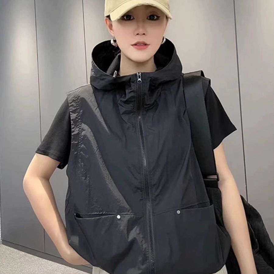조끼 바람막이 후드 얇은 통기성 민소매 남여공용 봄 여름 가을 캐주얼 패션   1.검정색 - 상품 이미지
