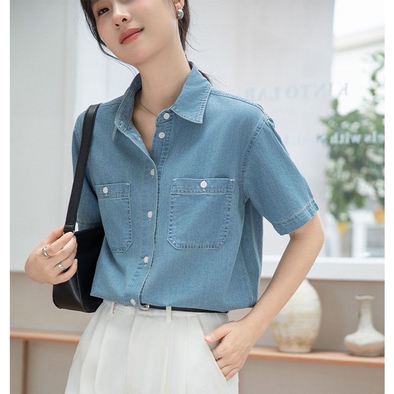 봄 여름 여성 브이넥 반팔셔츠 슬림핏 데님 데일리룩 캐주얼 남방 투포켓 면블라우스 - 상세 이미지 3