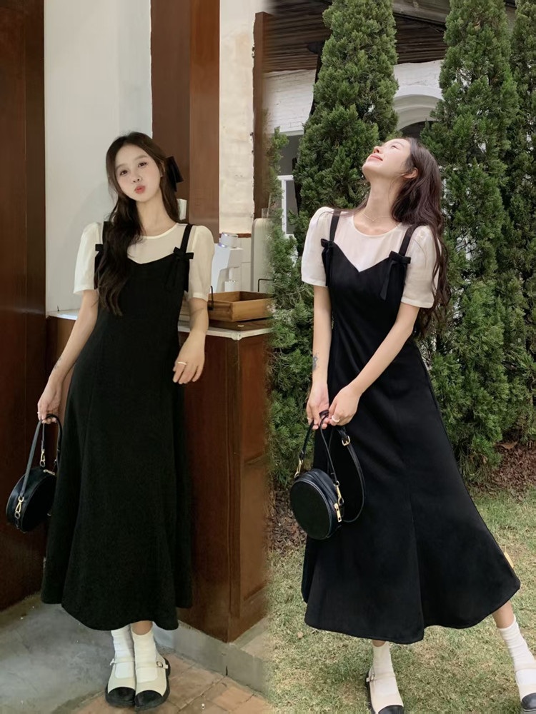 여성 빅사이즈 반팔 레이어드 뷔스티에 리본 플레어 롱원피스 블랙 L - 상품 이미지