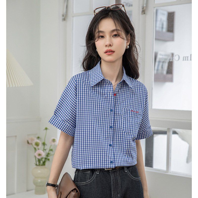 여성 봄 여름 체크 반팔 카라 셔츠 약간루즈핏 데일리룩 출근룩 캐주얼 블라우스 - 상세 이미지 3