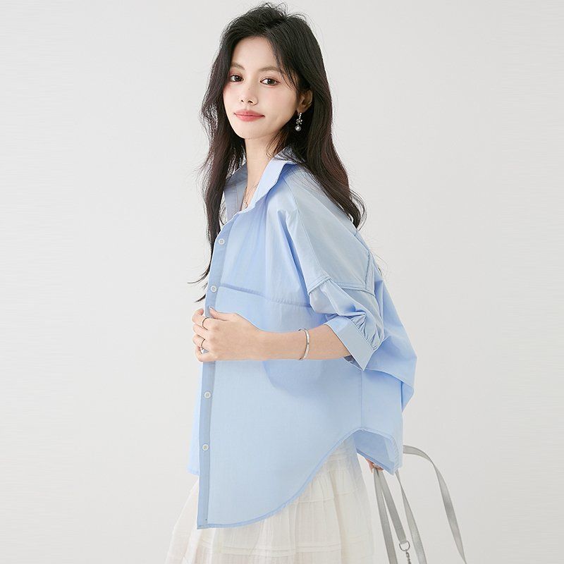여성셔츠 카라넥 반팔 드롭숄더 봄 여름 루즈핏 데일리룩 캐주얼 빅사이즈 남방 면티 - 상세 이미지 3